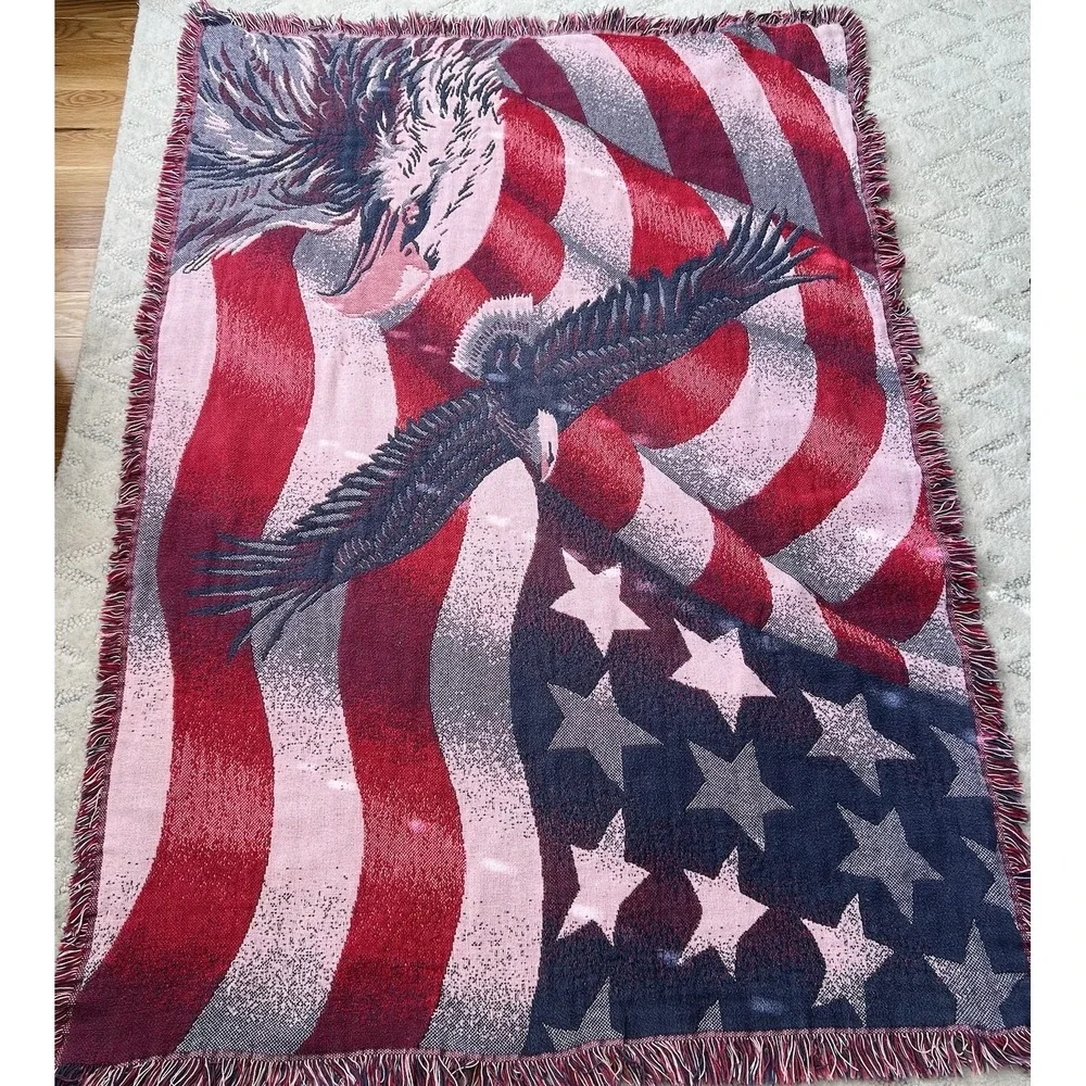 Vintage Tapestry Throw Blanket Goodwin Weavers USA Patriotic Eagle American Flag